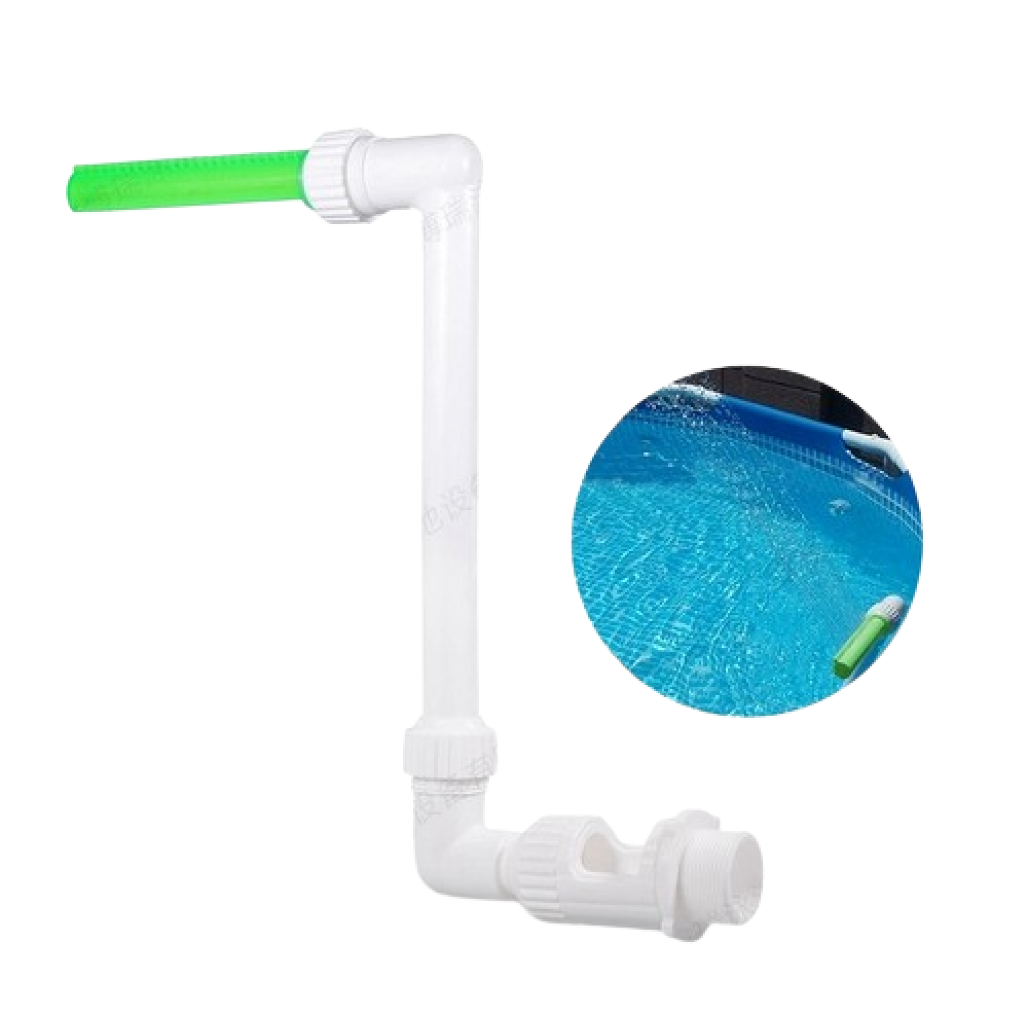 Weiße Pool-Düse mit grünem Schlauch-Aufsatz und Nahaufnahme eines Pools.
