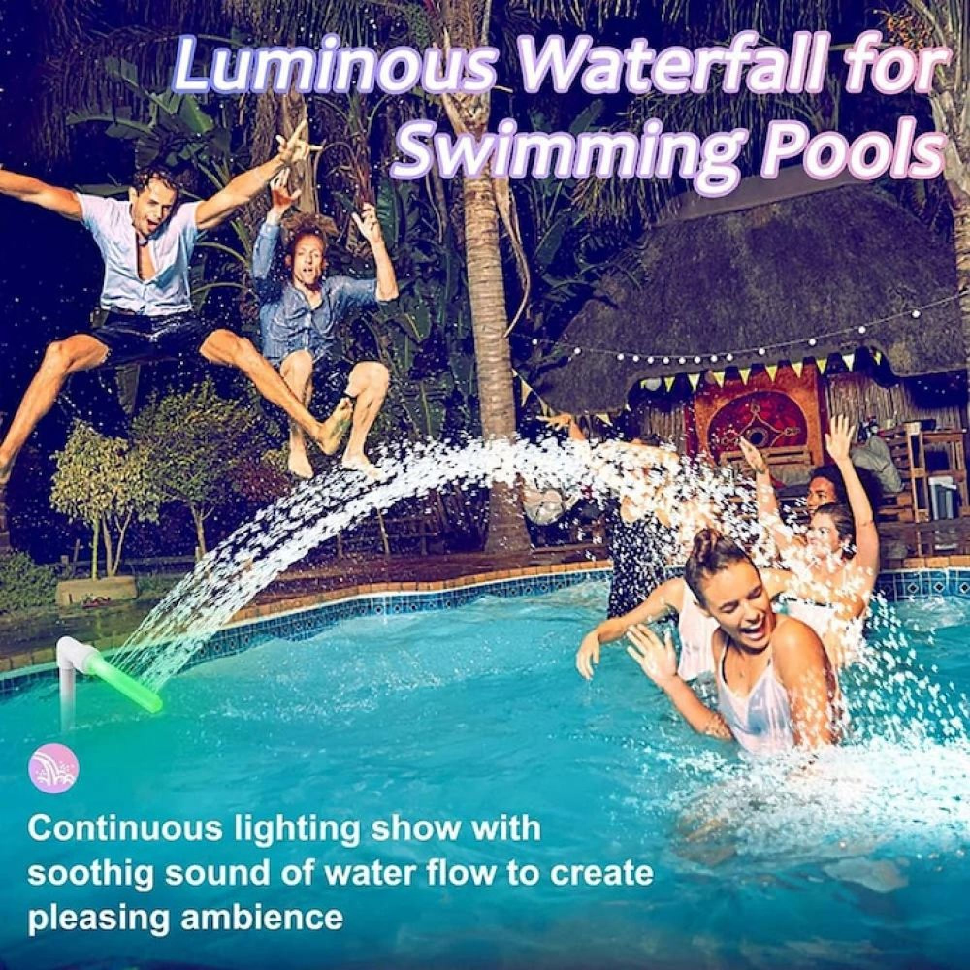 Menschen springen in einen Pool mit leuchtendem Wasserfalleffekt.