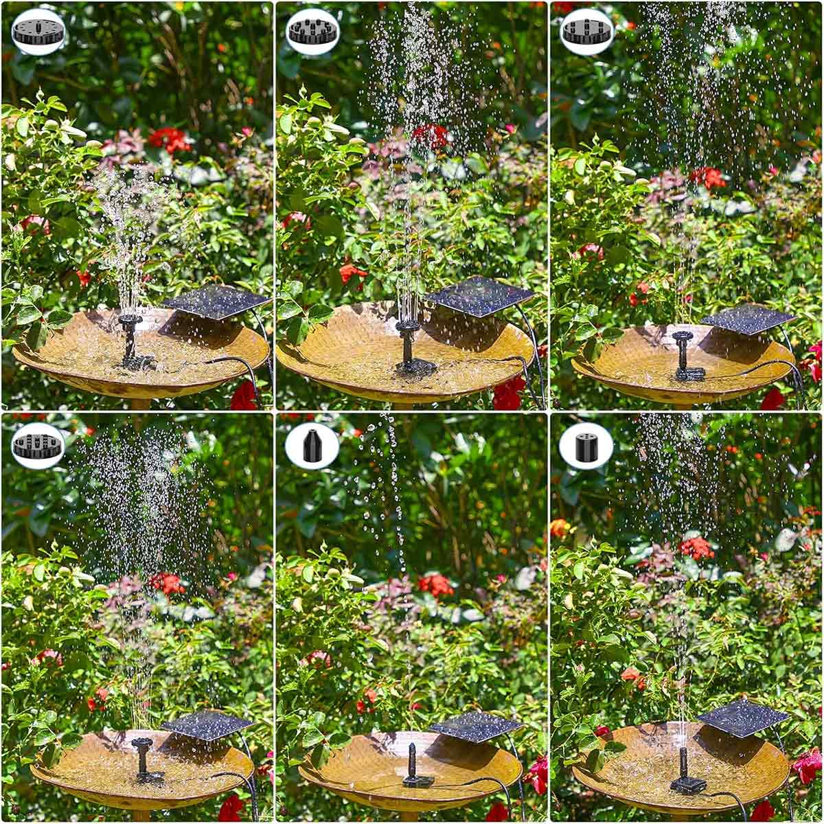 Solarbetriebener Vogelbadbrunnen mit Wasserspiel und verschiedenen Aufsätzen im Garten.