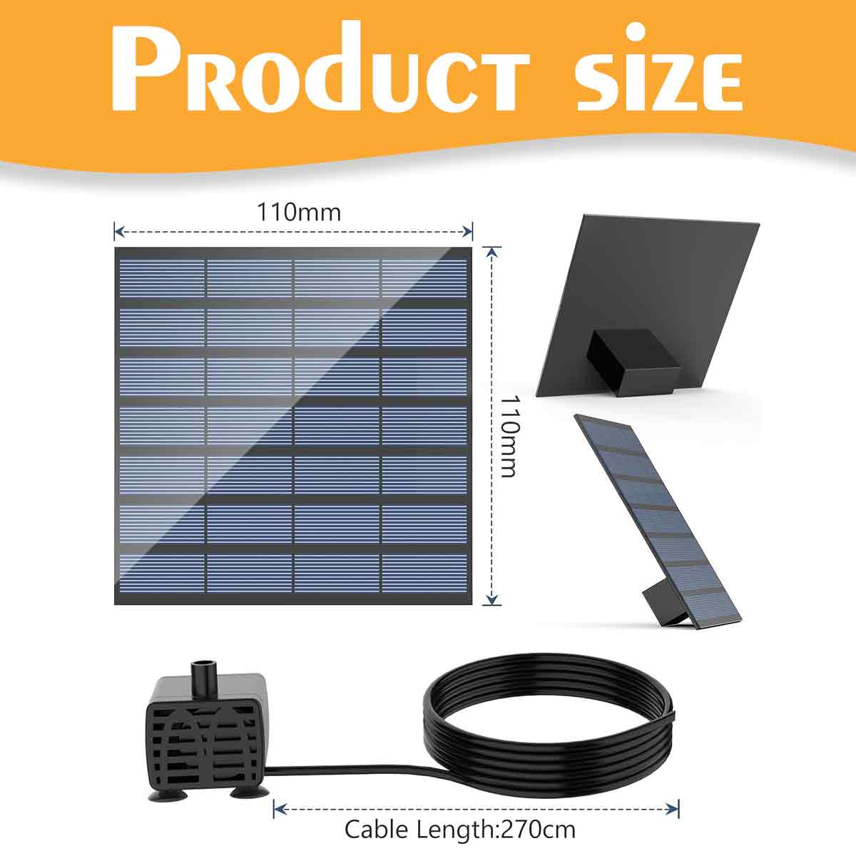 110-mm-Solarpanel, Pumpe und 270-cm-Kabel gezeigt. Produktdetailgröße.