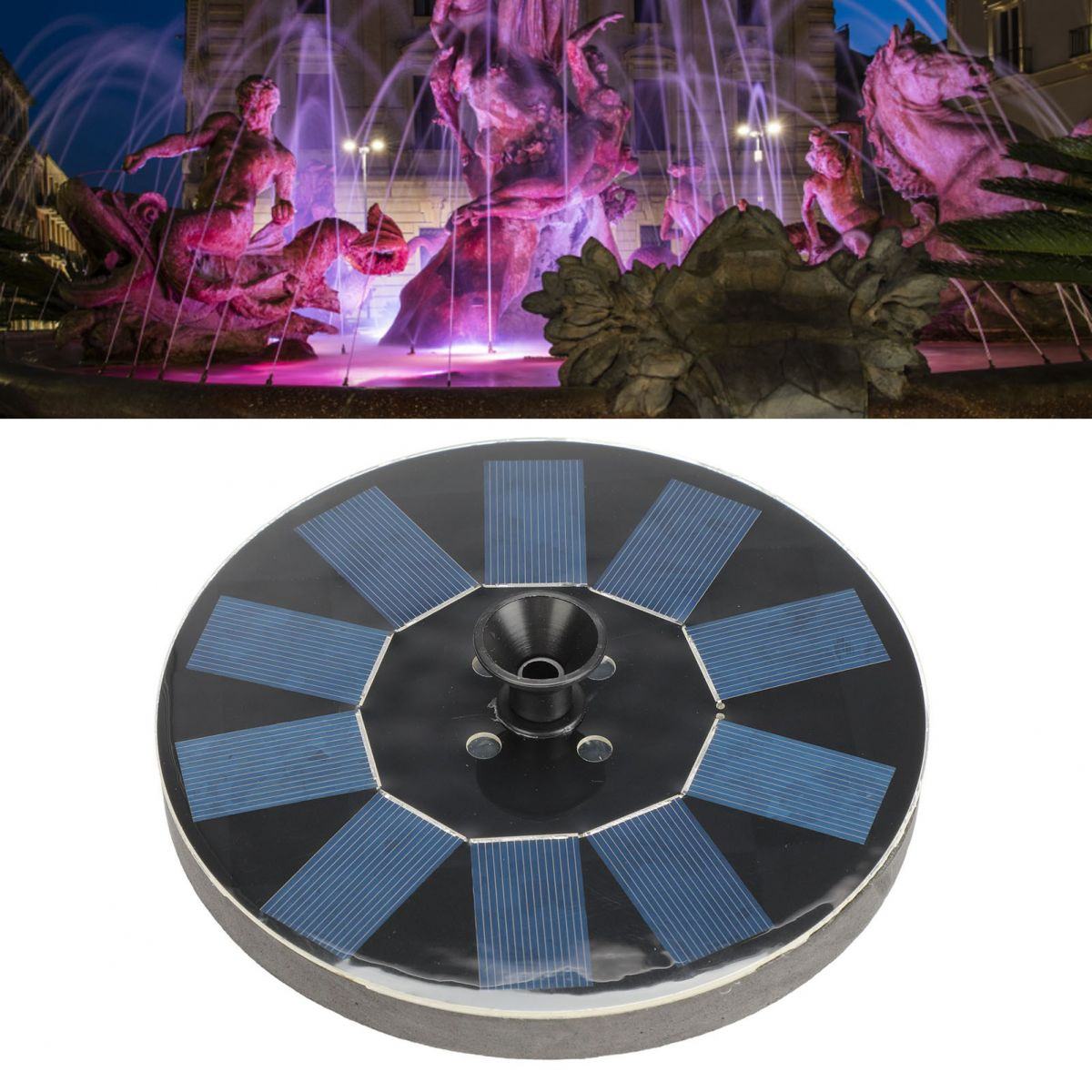 Brunnen mit rosa Beleuchtung und eine Solarbrunnenpumpe.