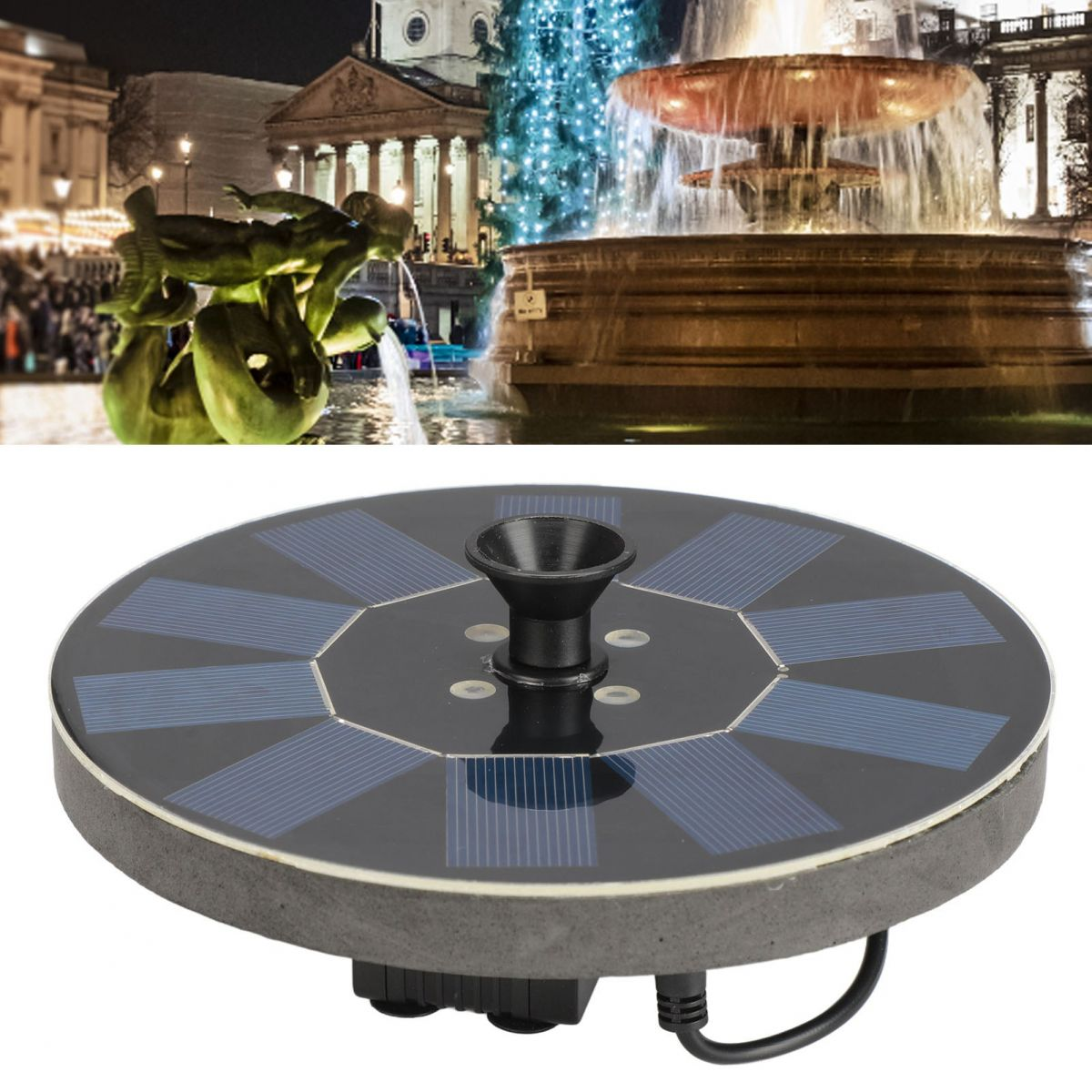 Eine runde Solarbrunnenpumpe mit schwarzem Zentrum und blauen Paneelen.