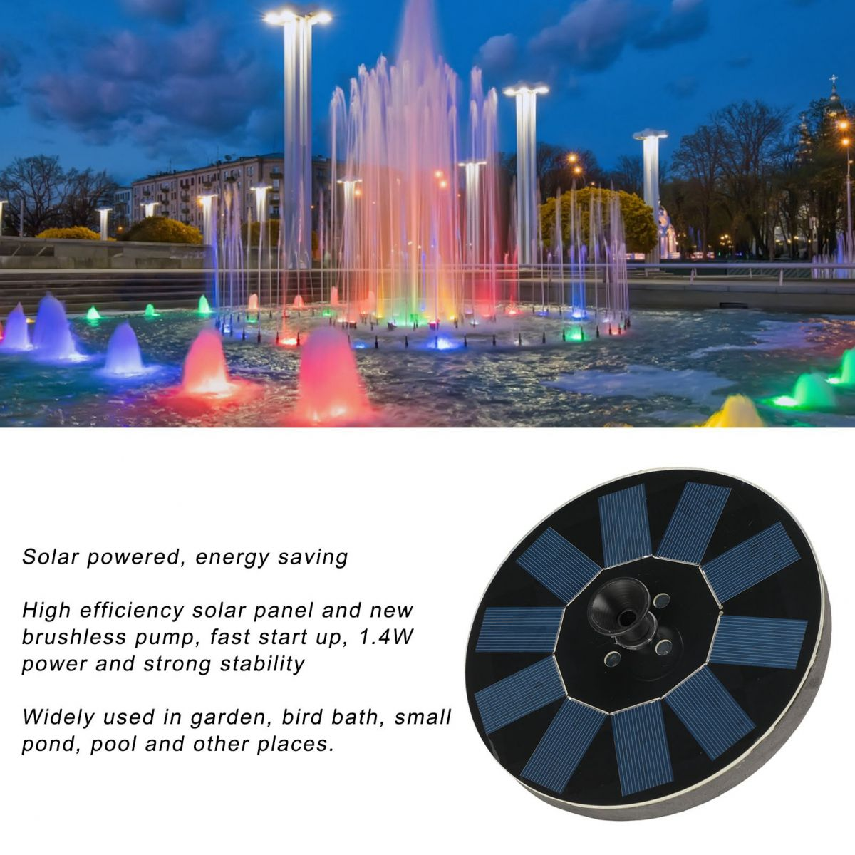 Ein beleuchteter Brunnen bei Nacht und ein runder Solarmodul.