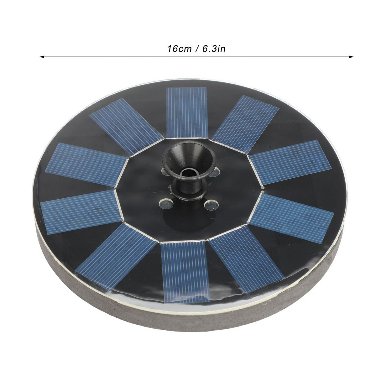 Rundes Solarpanel mit blauen Zellen und einer zentralen schwarzen Düse. 16cm/6,3 Zoll.