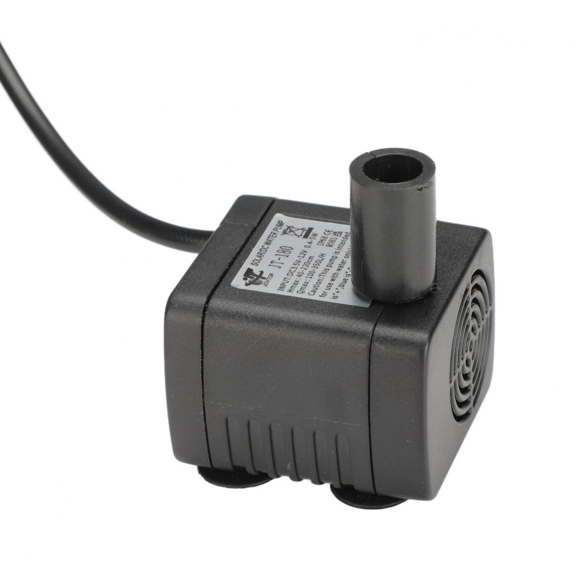 Kleine schwarze DC-Wasserpumpe mit einem Auslassrohr und einem Kabel.