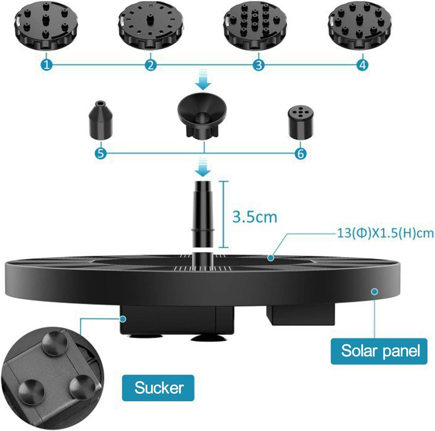 Solarbetriebene Teichpumpe mit Zubehör und Saugnäpfen, Maße angegeben.