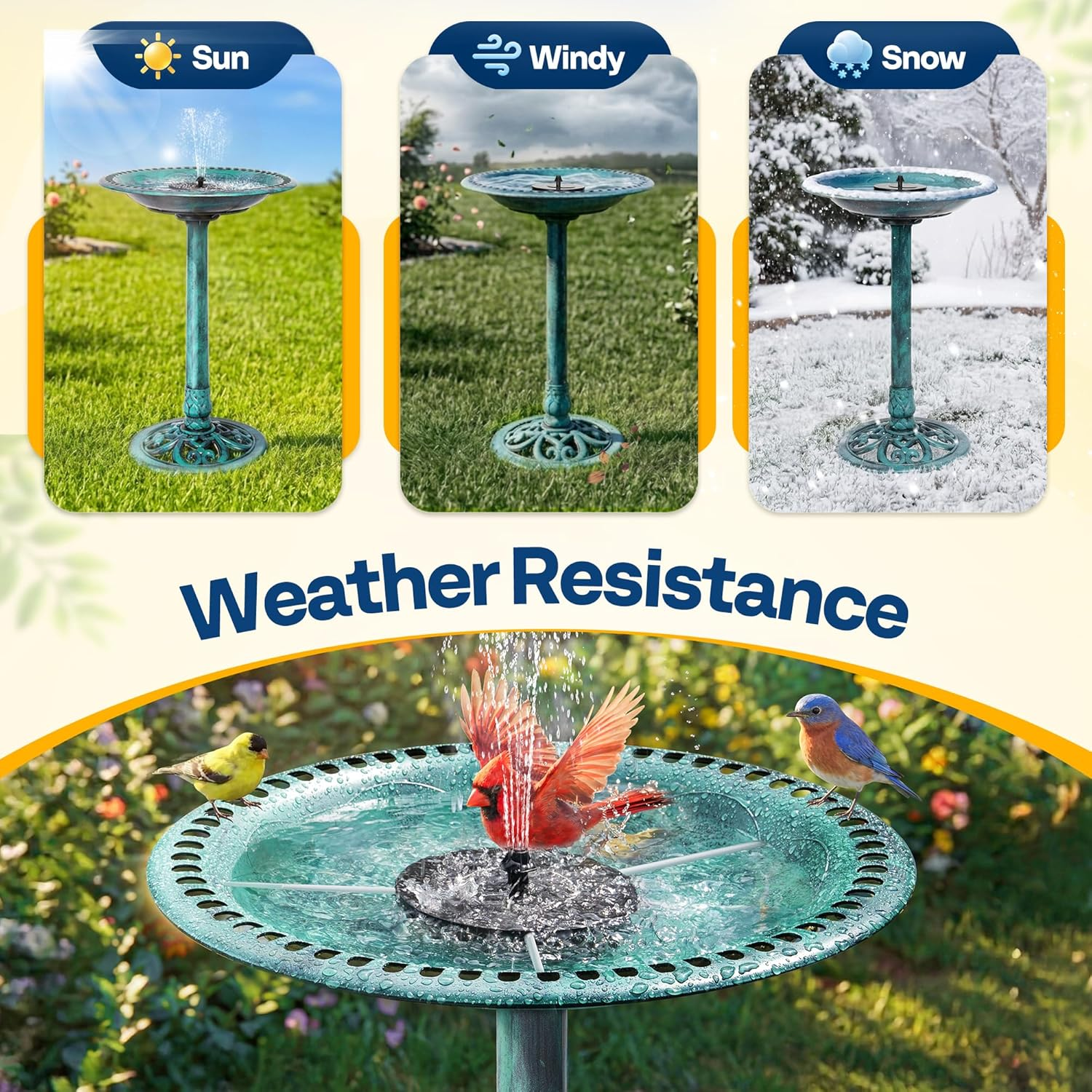 Vogelbad mit einem Solarbrunnen, Vögel trinken und baden. "Wetterbeständigkeit" wird gezeigt.
