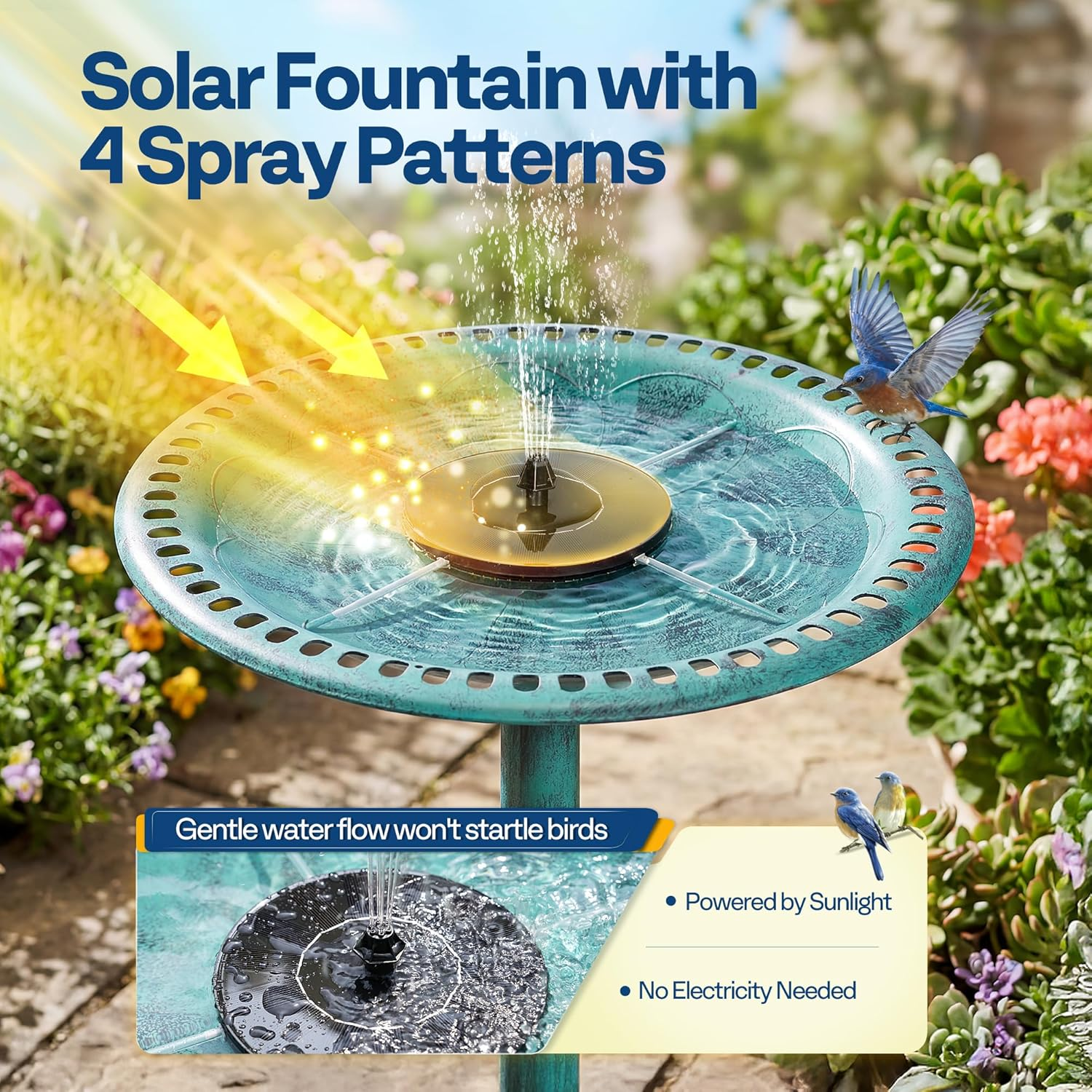 Solarbrunnen mit 4 Sprühmustern, Vögel im Garten, sonnenbetrieben, kein Strom nötig.