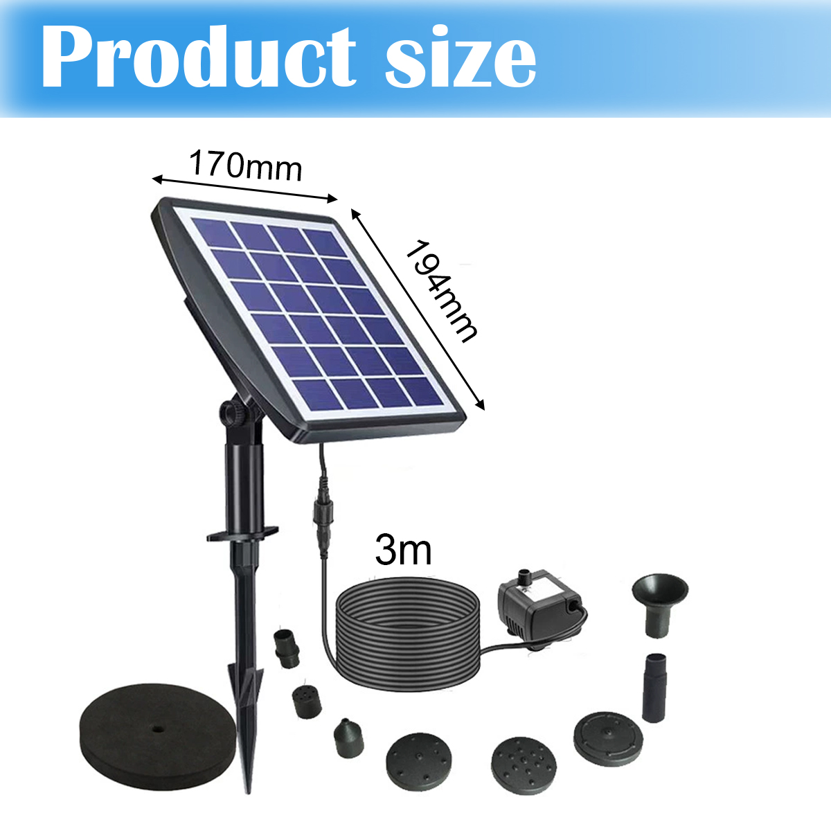 Solarpanel mit Pumpe und Zubehör, 170x194mm Panel, 3m Kabel.