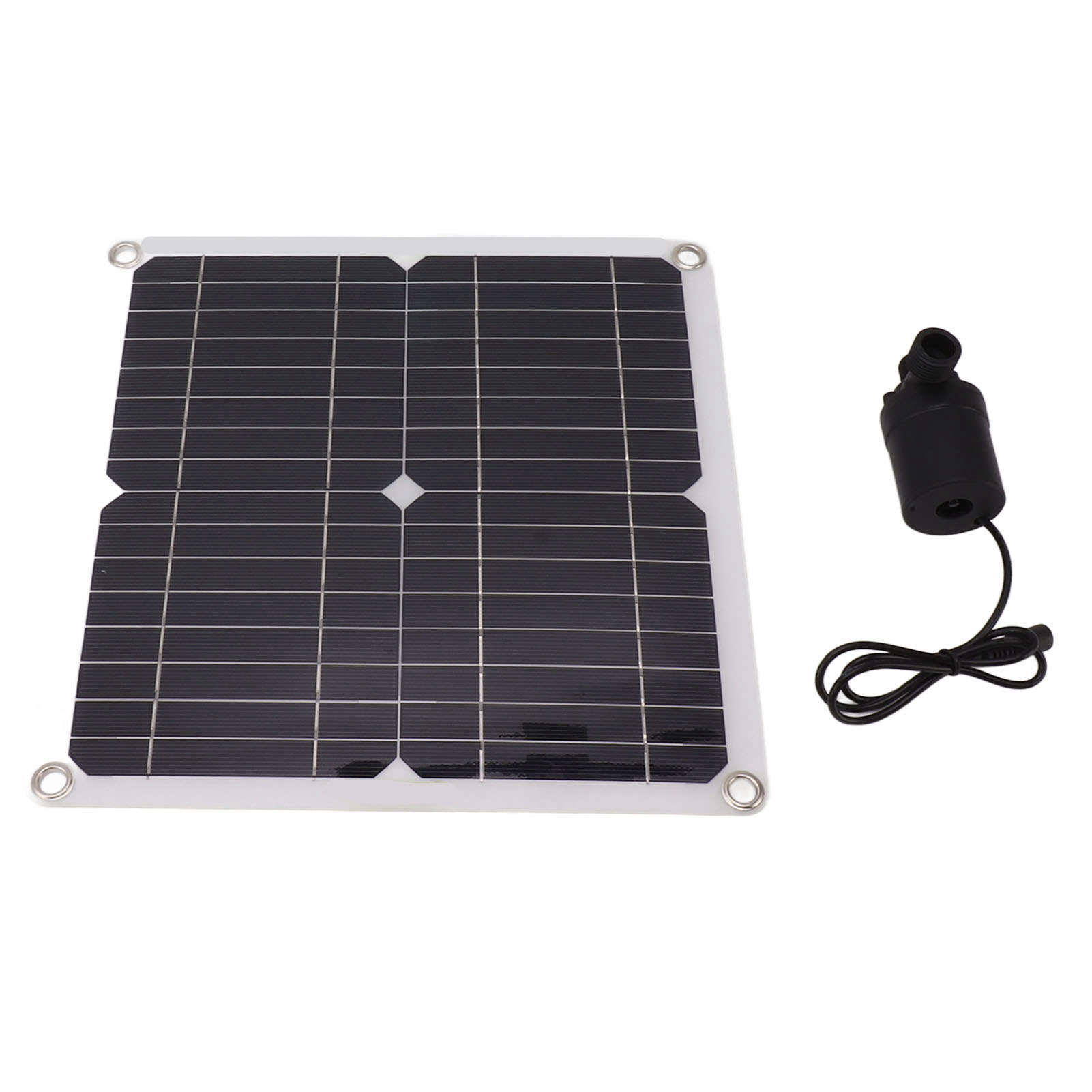 Ein kleines Solarpanel mit einem schwarzen Pumpenaufsatz und Kabel.