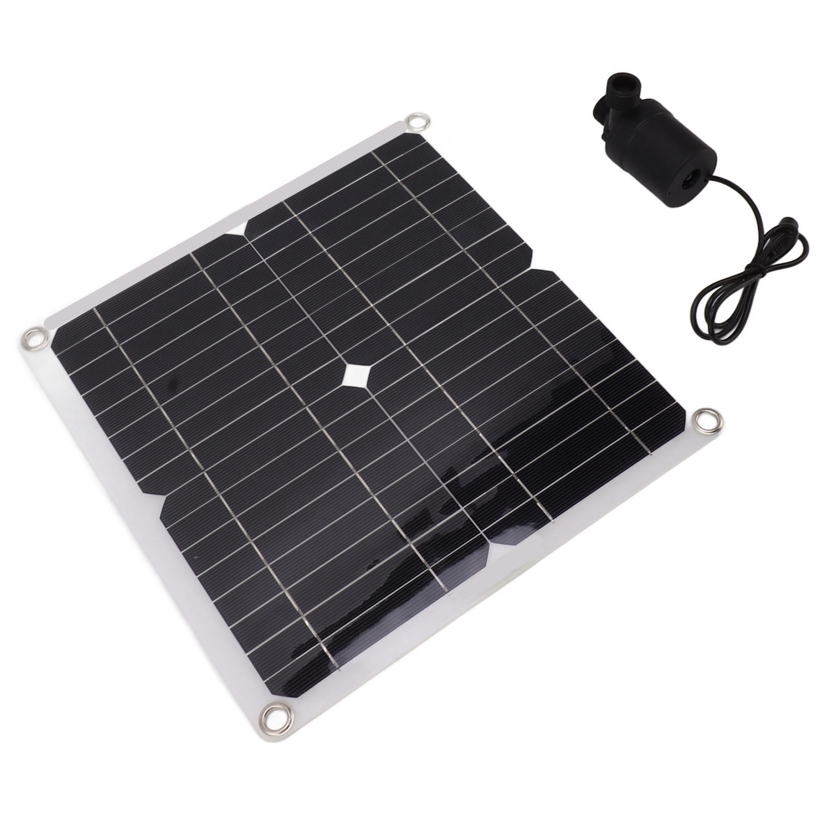 Ein schwarzer Solarpanel mit Metallösen und eine kleine schwarze Wasserpumpe daneben.