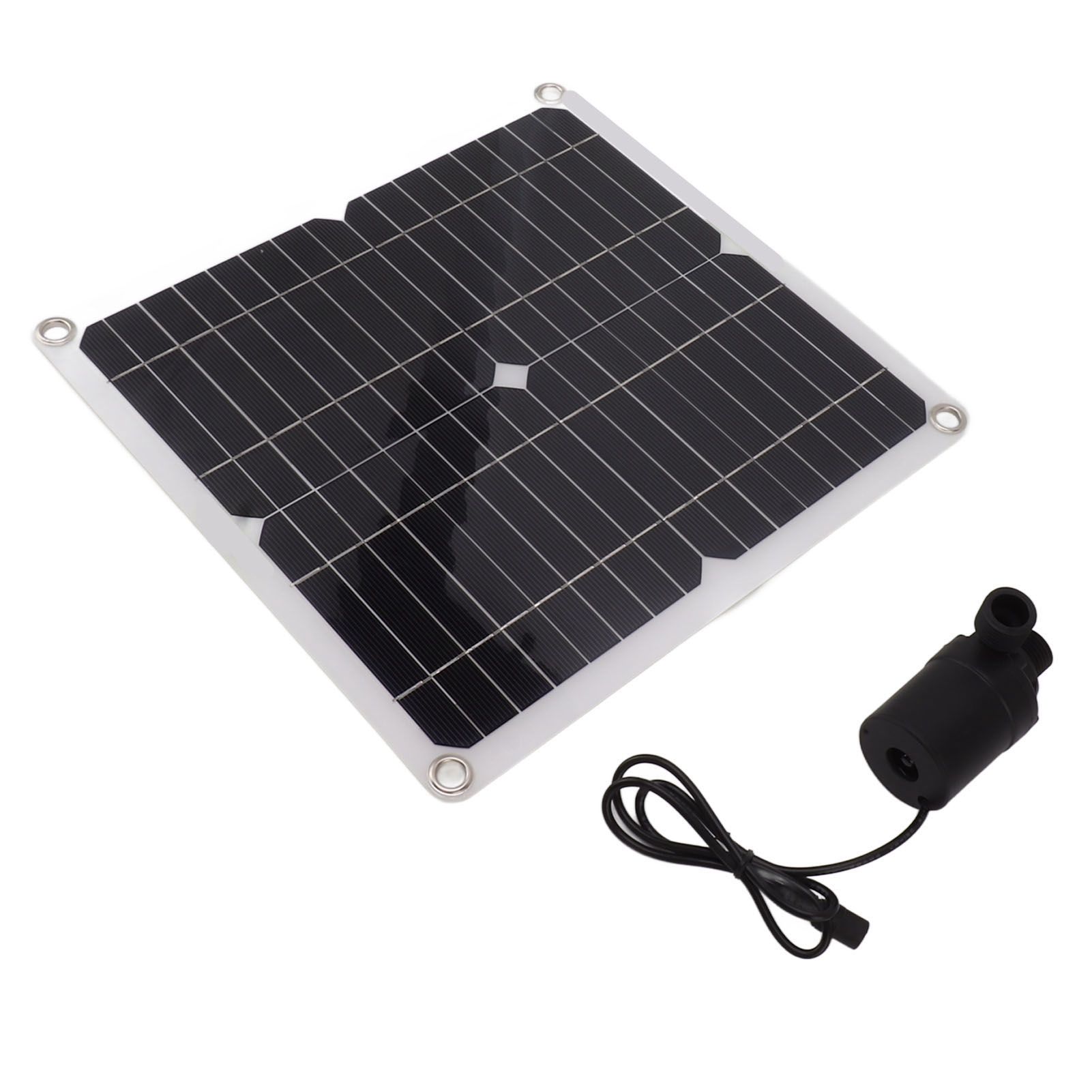 Ein kleines schwarzes Pumpengehäuse mit Schlauchanschluss neben einem Solarpanel.