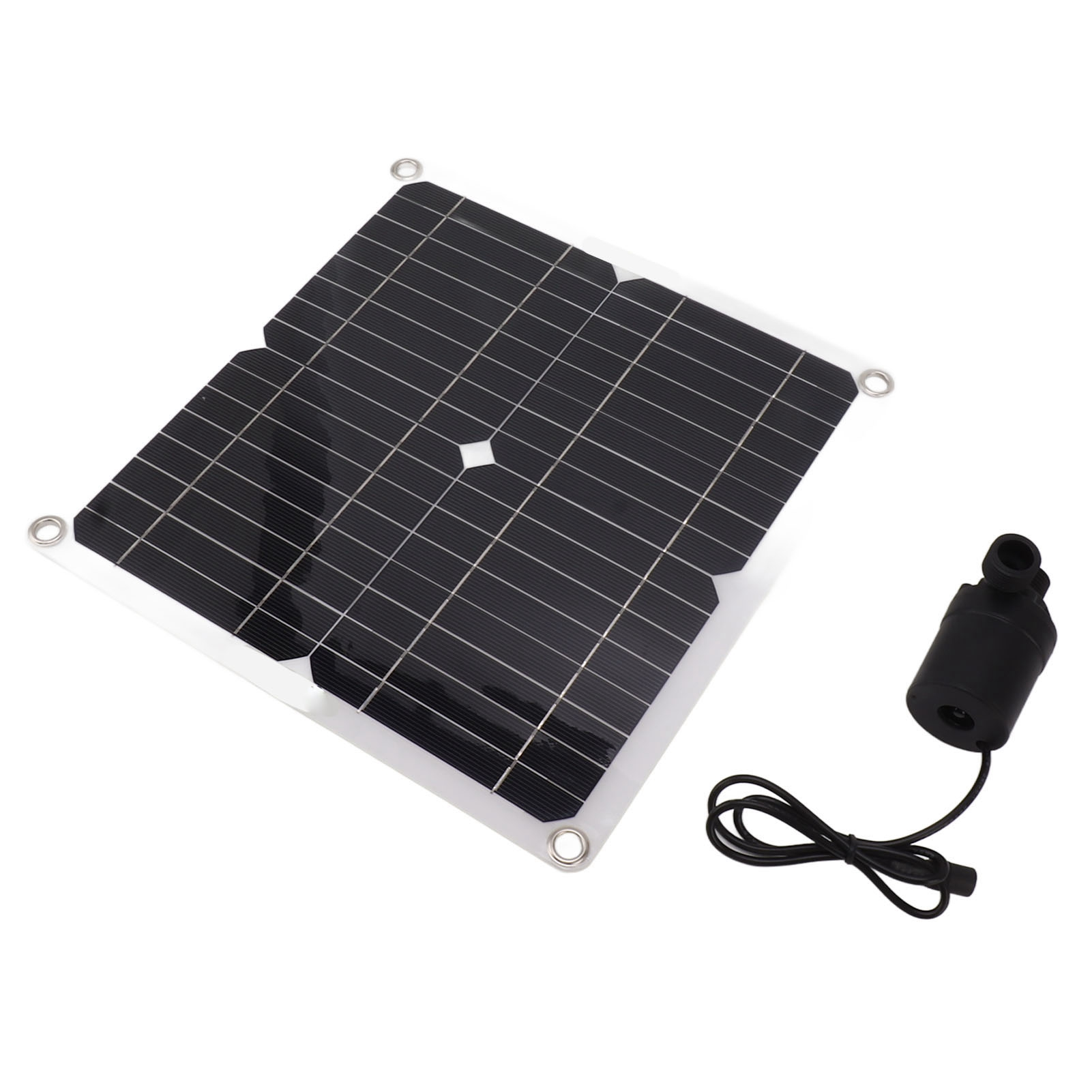 Ein schwarzes Solarpanel mit silbernen Gittern und eine kleine schwarze Pumpe mit Kabel.
