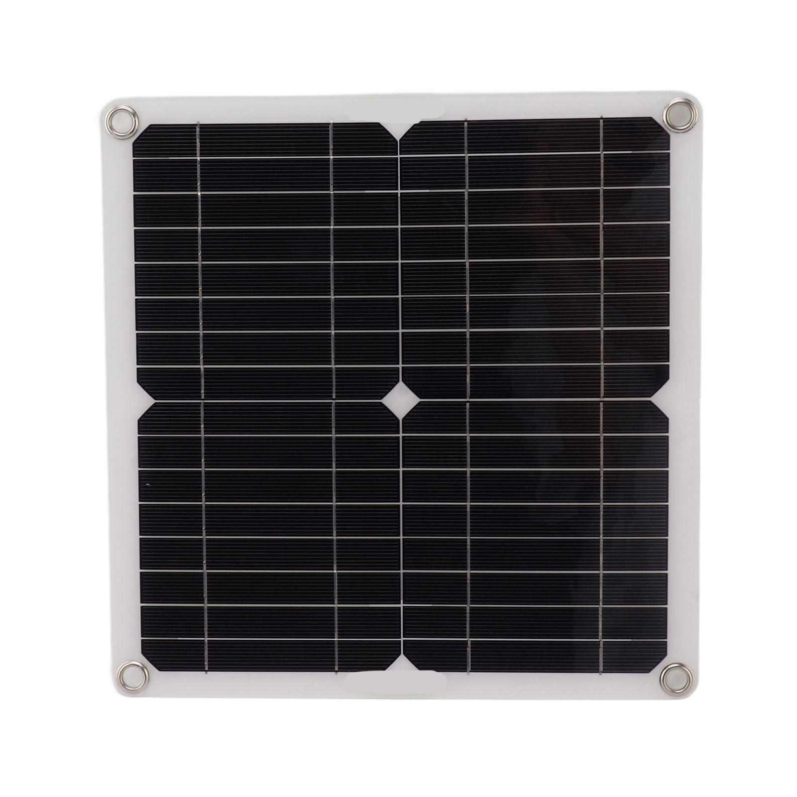 Ein kleines, rechteckiges Solarpanel mit weißem Rahmen und vier Ösen.