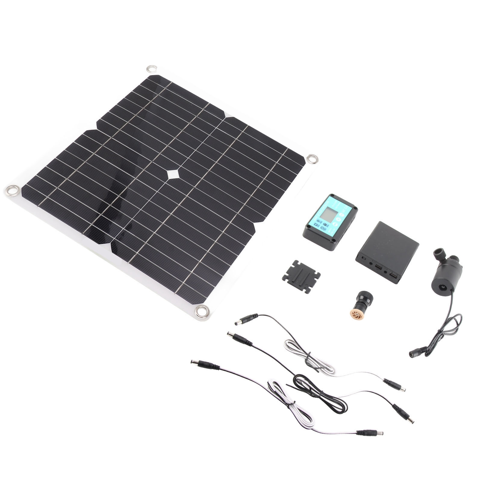 Solarpanel mit Zubehör: Controller, Adapter, Kabel und Pumpe.