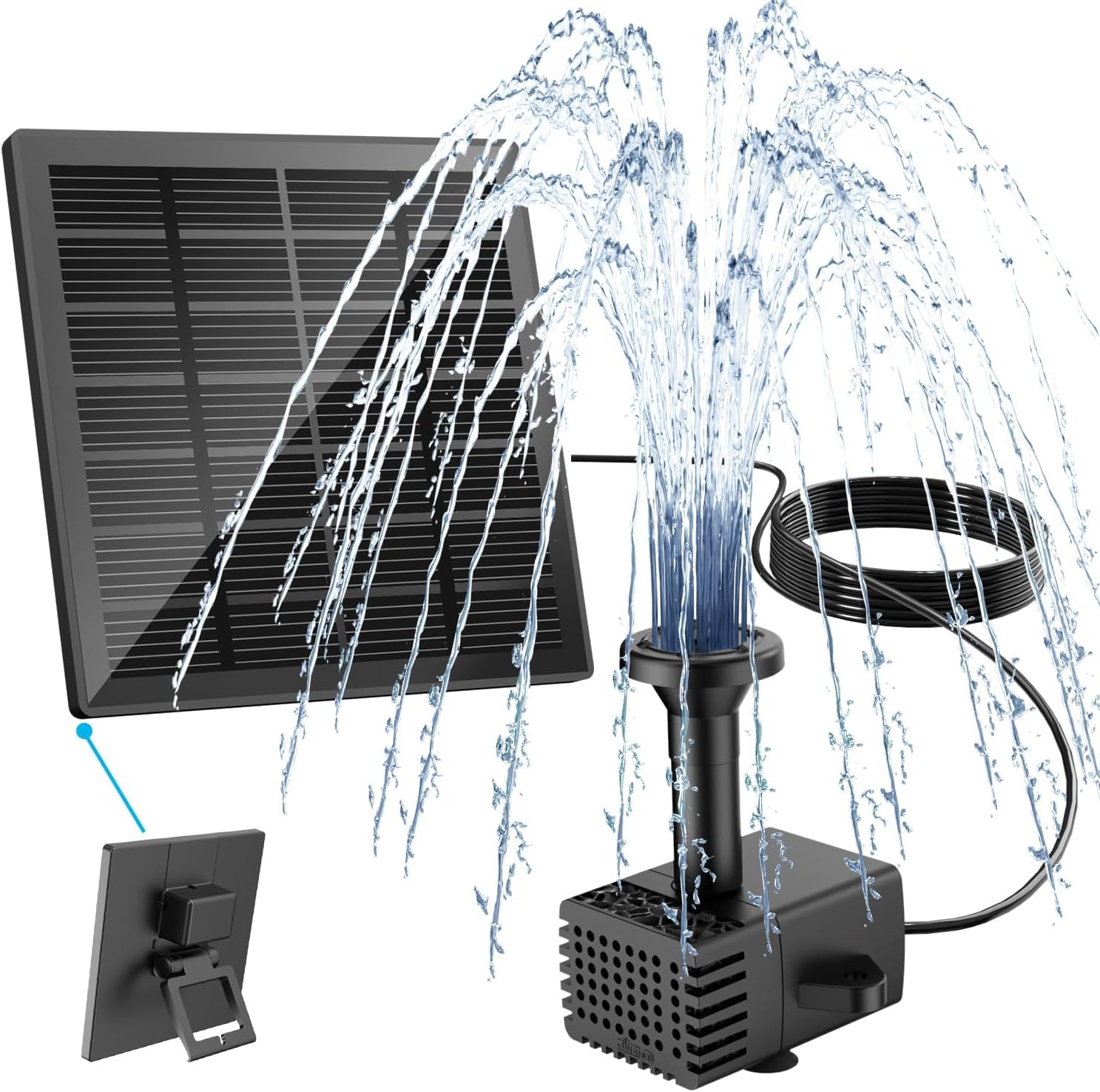 Solarpanel mit Wasserspielpumpe und Wassersprühstrahlen.