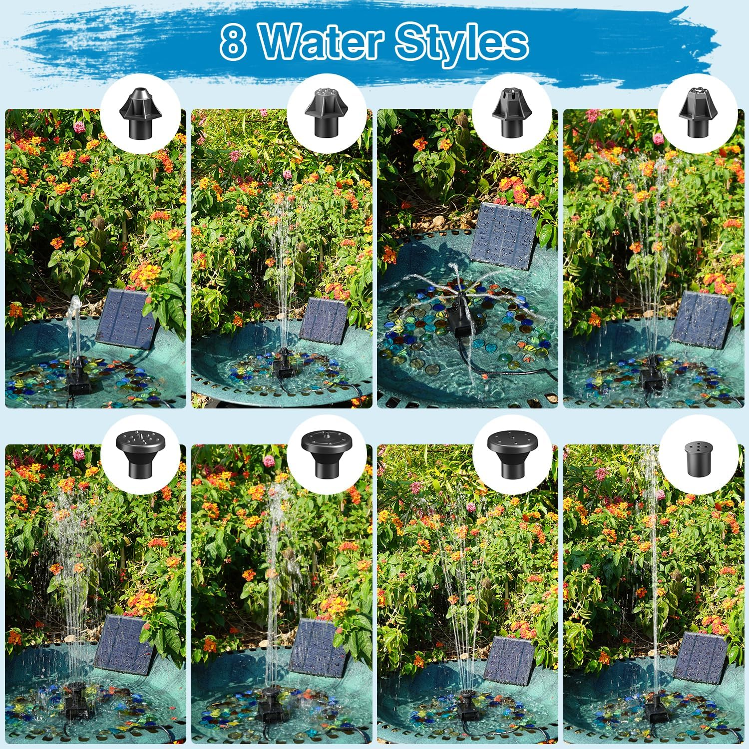 Solarbrunnen mit 8 Wasserspiels-Aufsätzen in einem Teich mit Blumen.