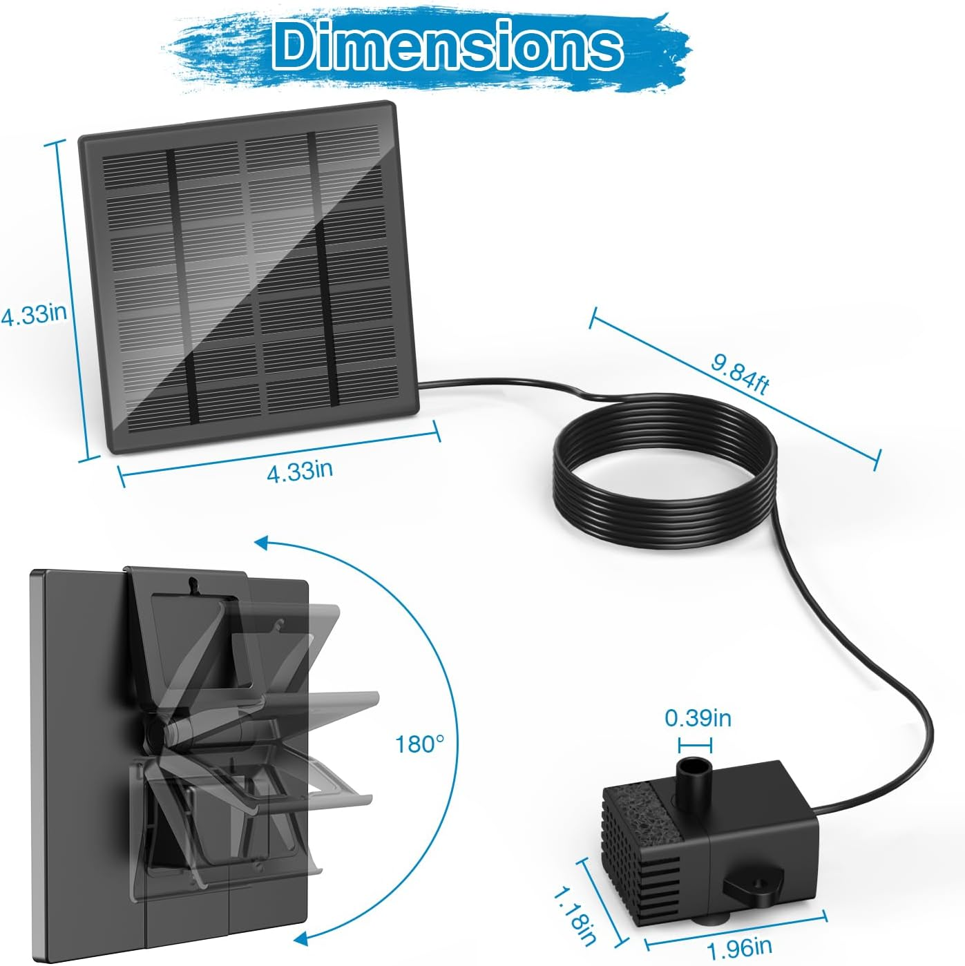 Ein Solarpanel, eine Pumpe und ein Kabel mit Maßen.