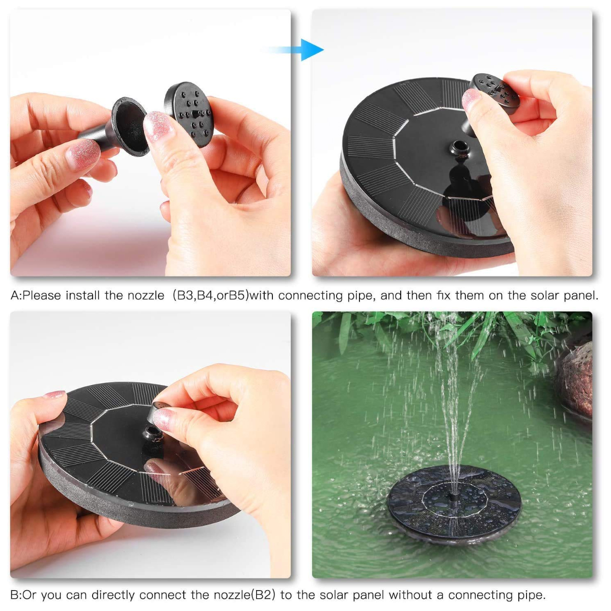 Eine Solarpanel-Fontäne wird gezeigt, die in Wasser sprüht.