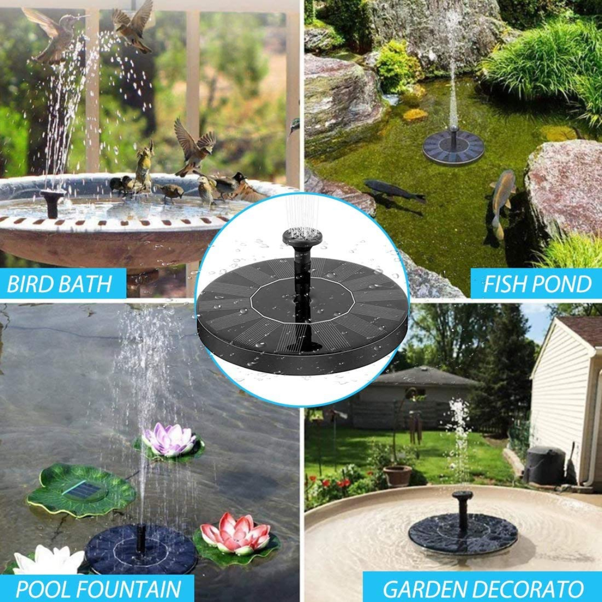 Vier Szenen zeigen Solarbrunnen in Vogelbad, Fischteich, Pool und Garten.