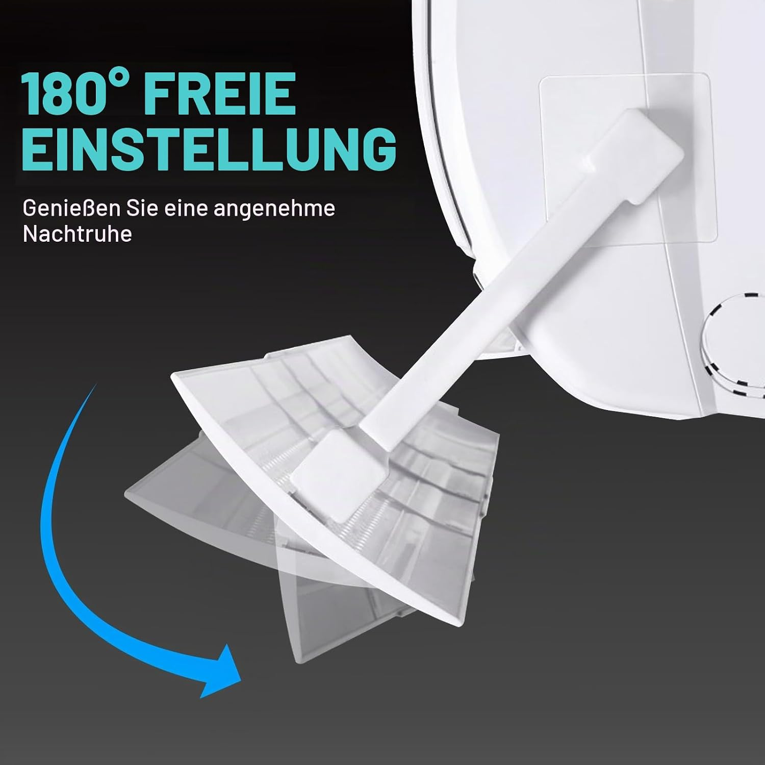 180° freie Einstellung eines weißen Lüfters mit blauer Pfeil-Anzeige der Bewegung.