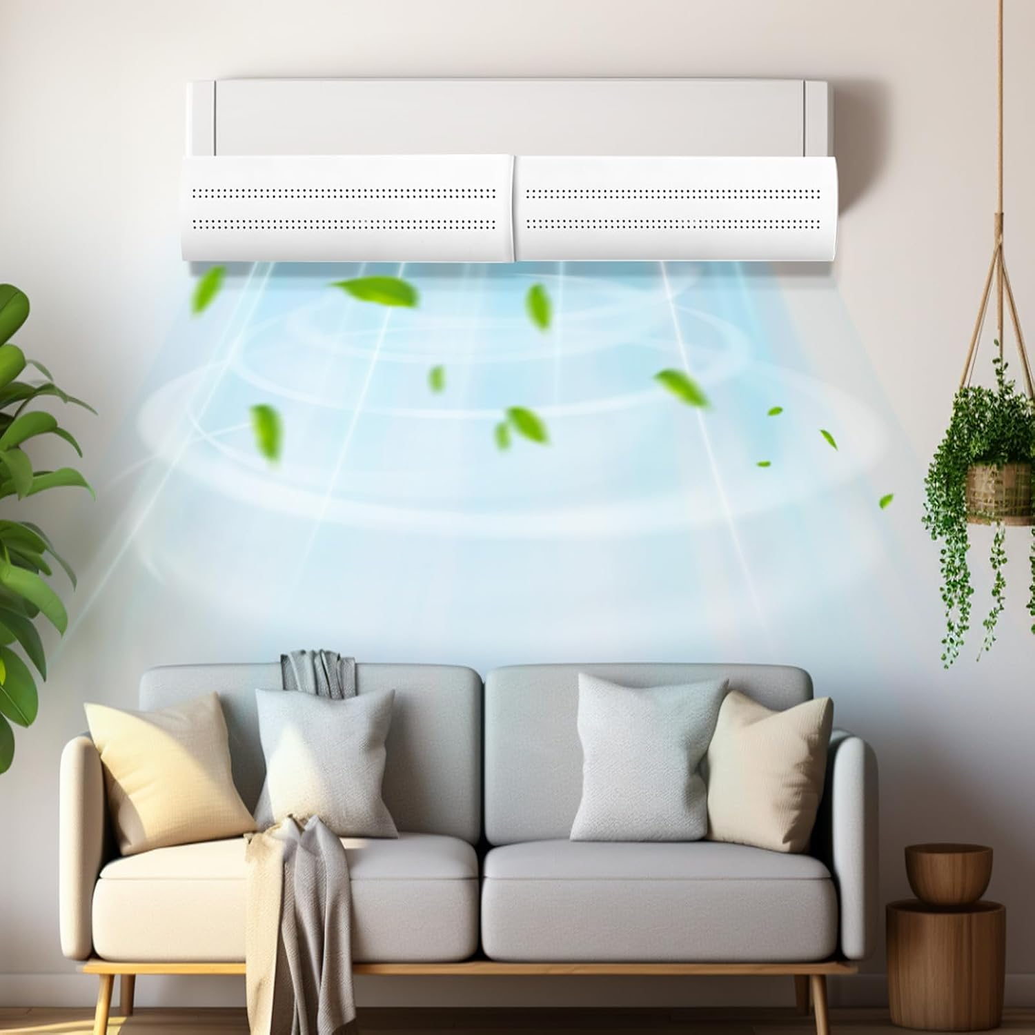 Ein Klimagerät bläst kühle Luft auf ein Sofa mit Kissen und Decken.