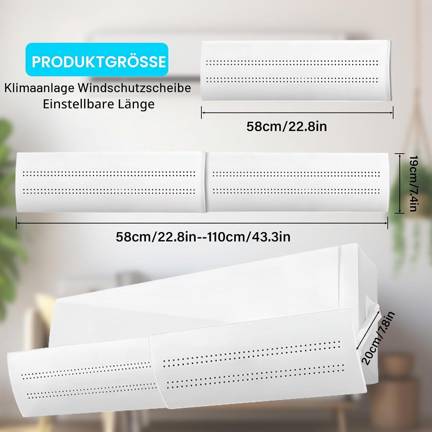 Weiße Klimaanlagen-Windschutzscheibe, 58-110cm lang, 19cm hoch, 20cm tief.