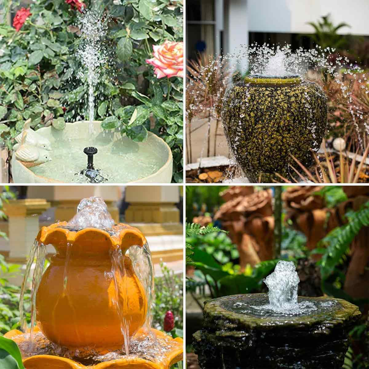 Vier Gartenbrunnen: ein Vogelbad, eine strukturierte Vase, ein gelber Topf und ein Steinbrunnen.