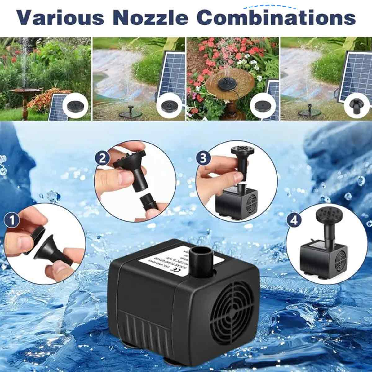 Solarpumpen-Montage: Verschiedene Düsenkombinationen für Vogelbäder und Gartenteiche.