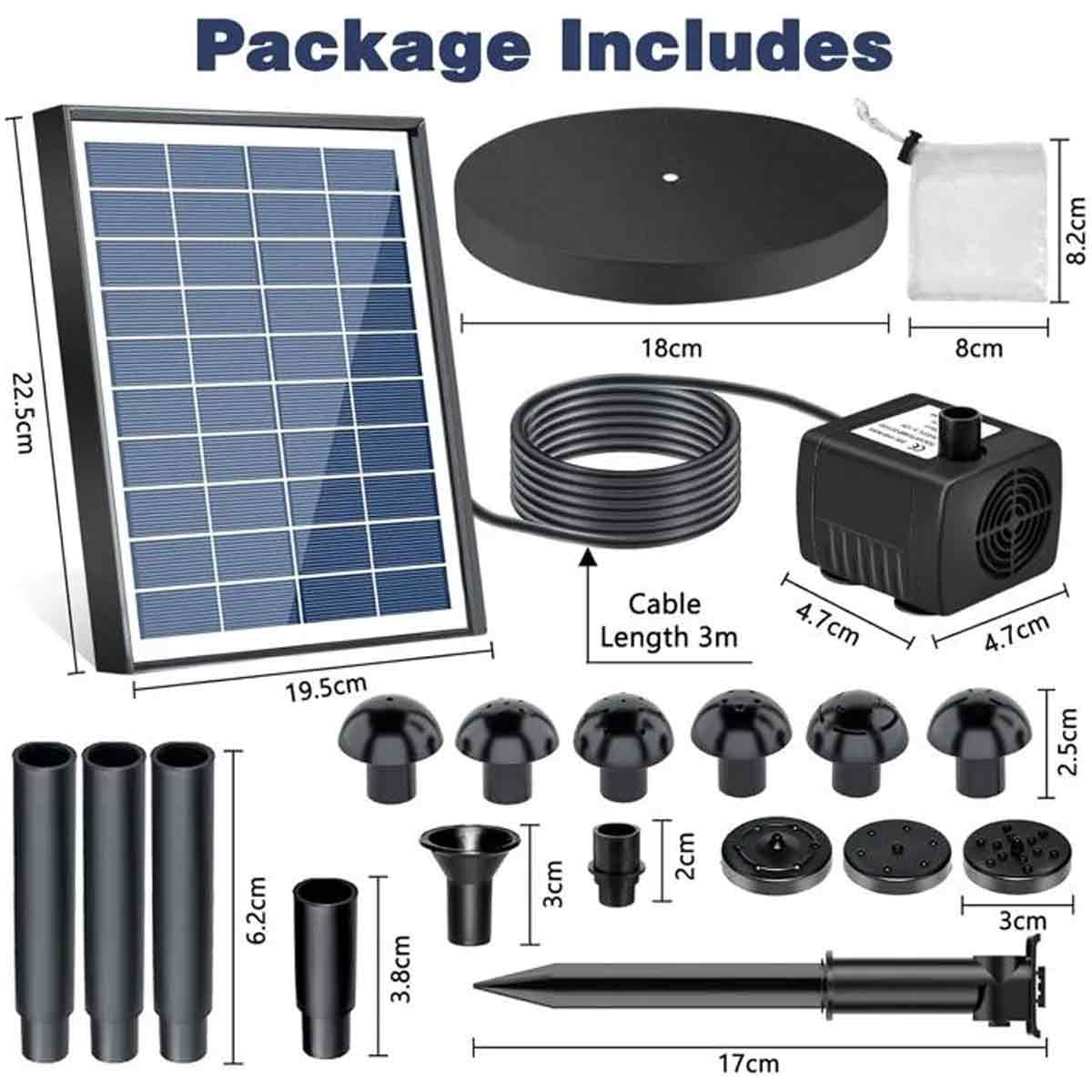 Solarpanel, Pumpe und Zubehör für eine Brunnendarstellung.