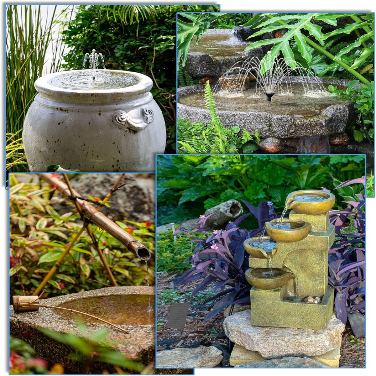 Vier Gartenbrunnen: ein Topfbrunnen, ein Steinbrunnen, ein Bambus-Wasserfall und ein mehrstufiger Brunnen.