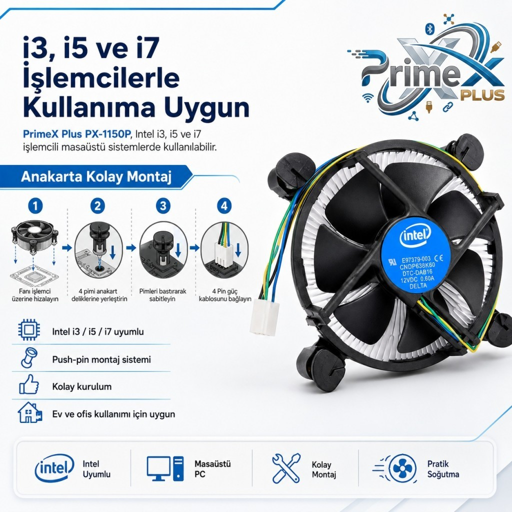Intel CPU soğutucu fanlı, montaj kılavuzu ve i3/i5/i7 uyumluluk bilgileri.
