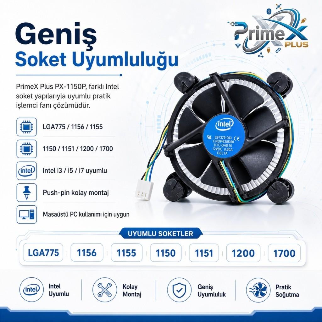 Intel CPU soğutucu fanlı, birçok soketle uyumlu, beyaz arka plan üzerinde.