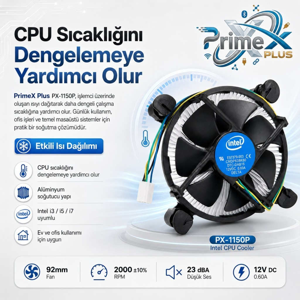 Intel CPU soğutucu PX-1150P fan, özellikler ve metin ile.