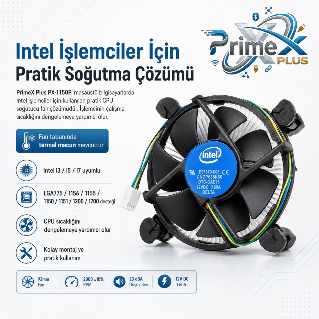 Intel CPU soğutucu fan, Intel logosu, kablolar ve özellikler.