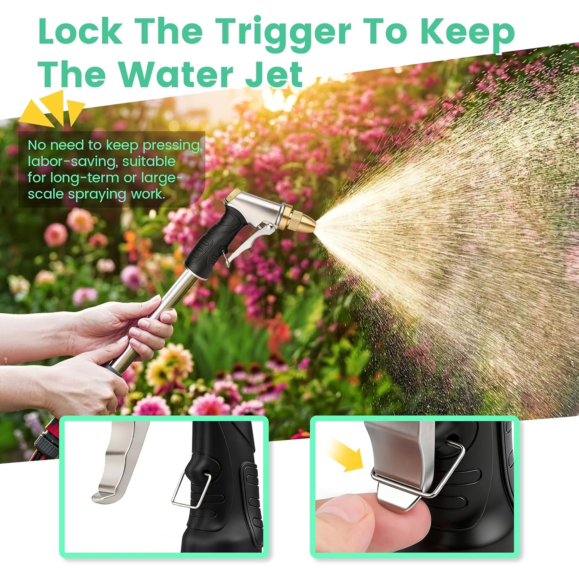 Gartenbewässerung mit Drucksprüher und Riegel, der Wasserstrahl spritzt auf Blumen.
