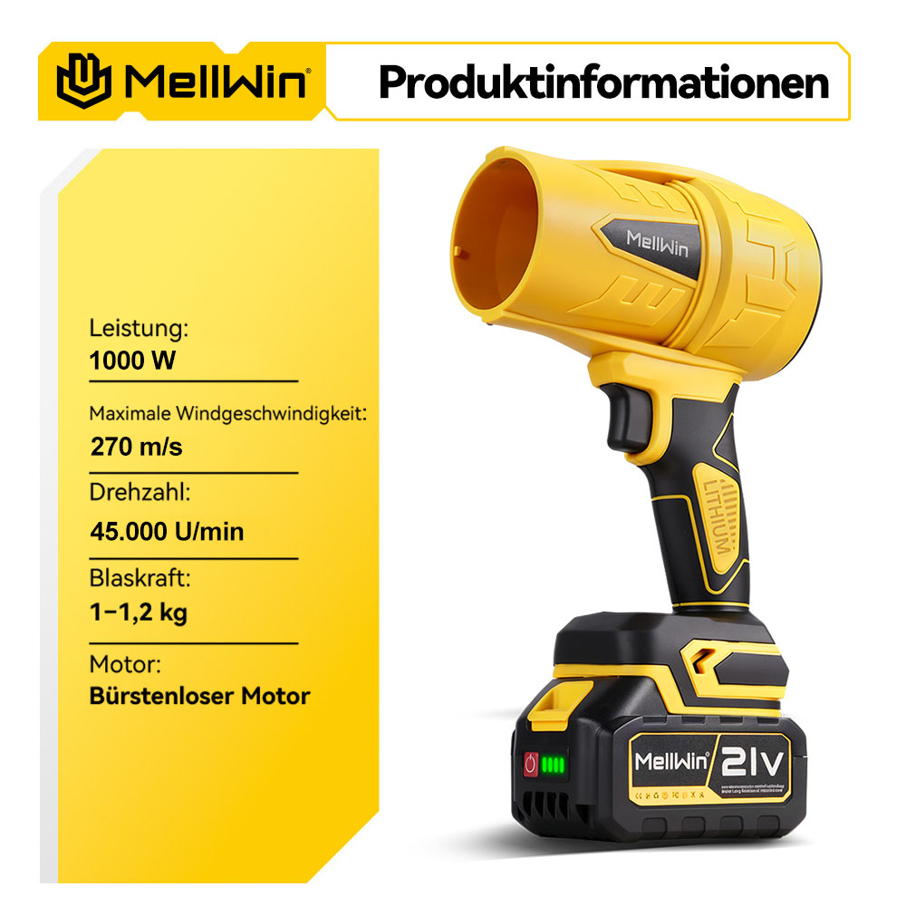 Gelber Laubbläser mit schwarzen Griffen und Akkupack. Links technische Daten.