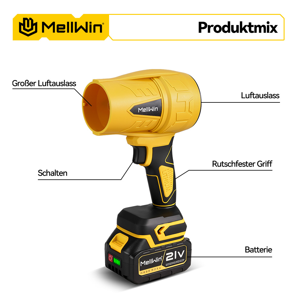 Gelber MellWin Laubbläser mit schwarzem Griff und Batterie.