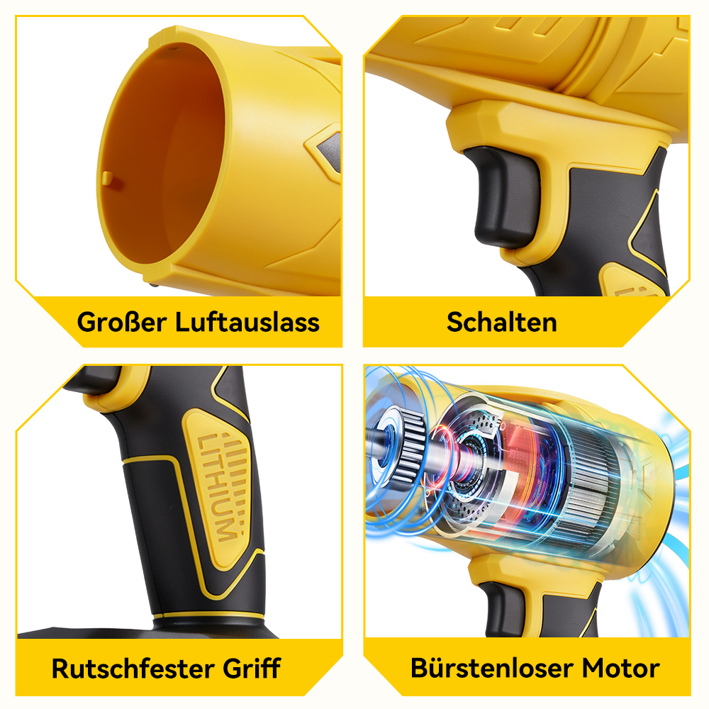 Gelbes Elektrowerkzeug-Details: Großer Auslass, Schalter, Griff, bürstenloser Motor.