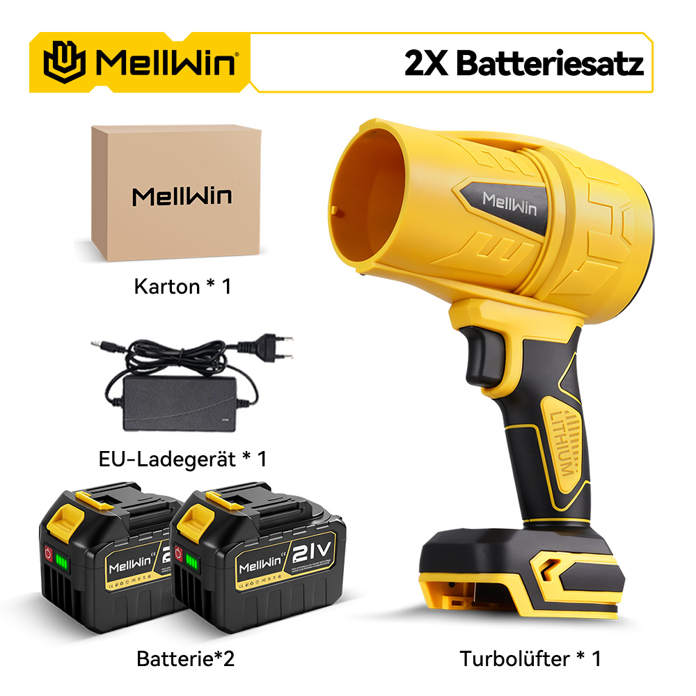 Gelbes und schwarzes Gebläse mit Ladegerät, Karton und zwei Batterien.