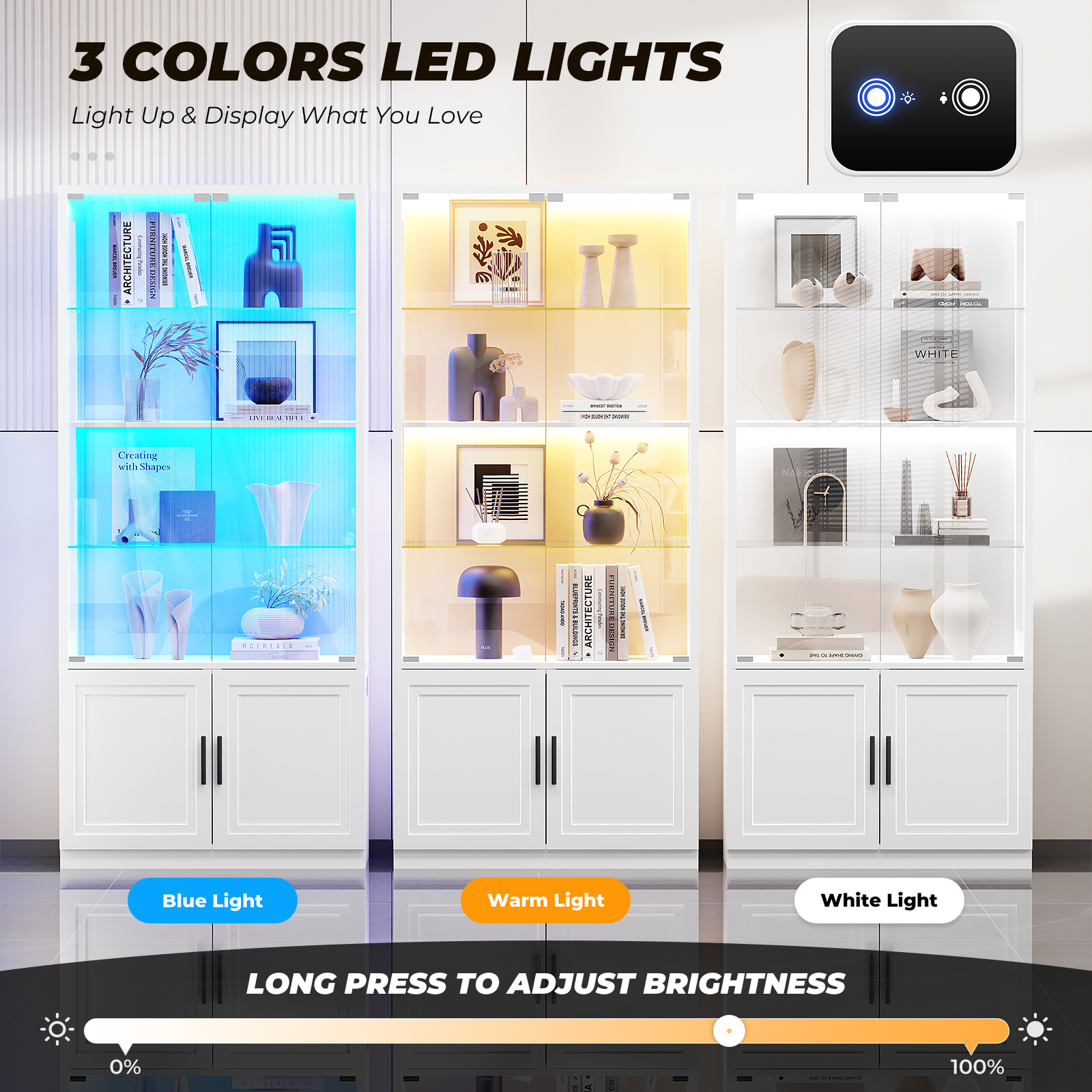 Drei Schränke mit LED-Beleuchtung in Blau, Warmweiß und Weiß. Dekoriert mit Vasen und Büchern.