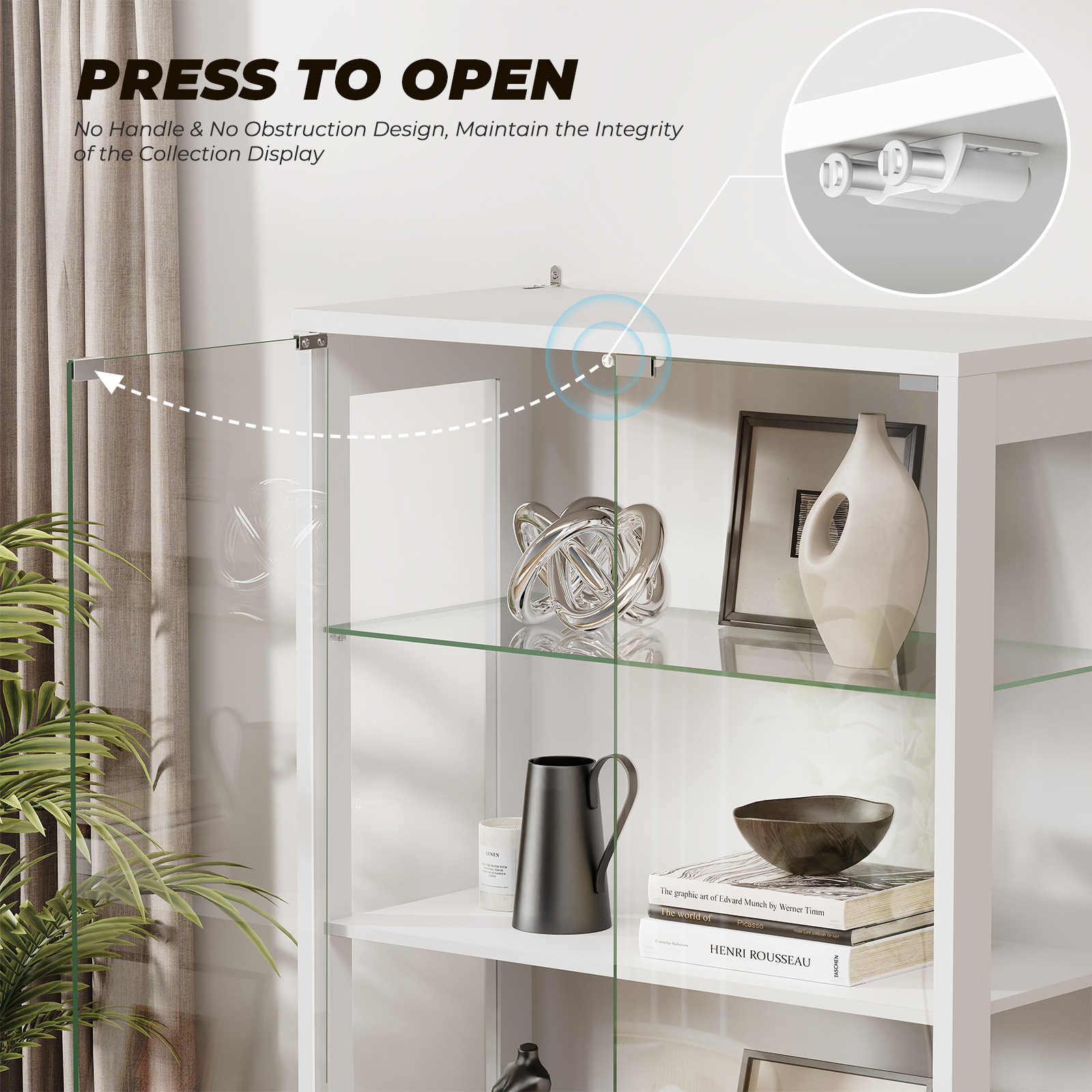 Ein weißer Schrank mit Glastüren, der "Press to Open" anzeigt.