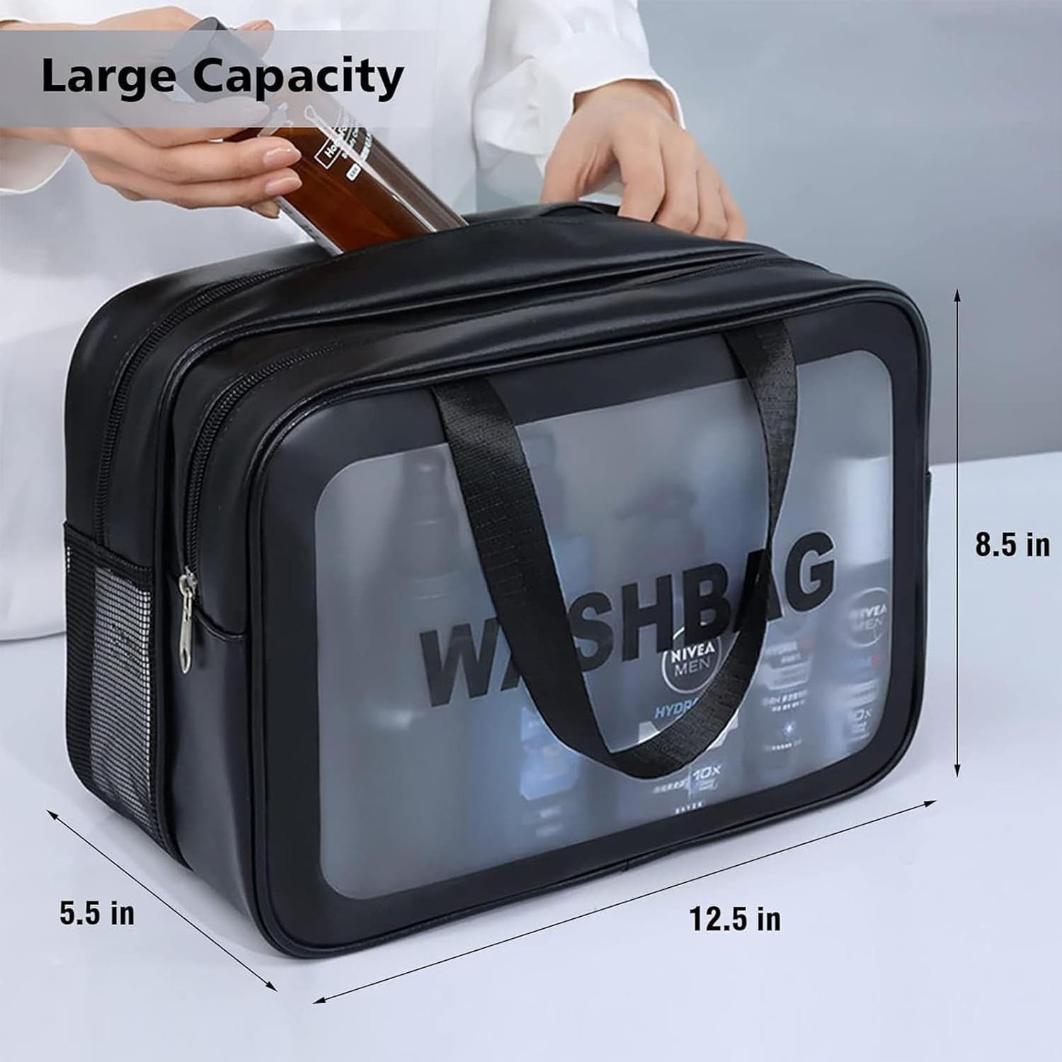 Schwarze Kulturtasche mit zwei Fächern, Maße 12,5x5,5x8,5 Zoll.