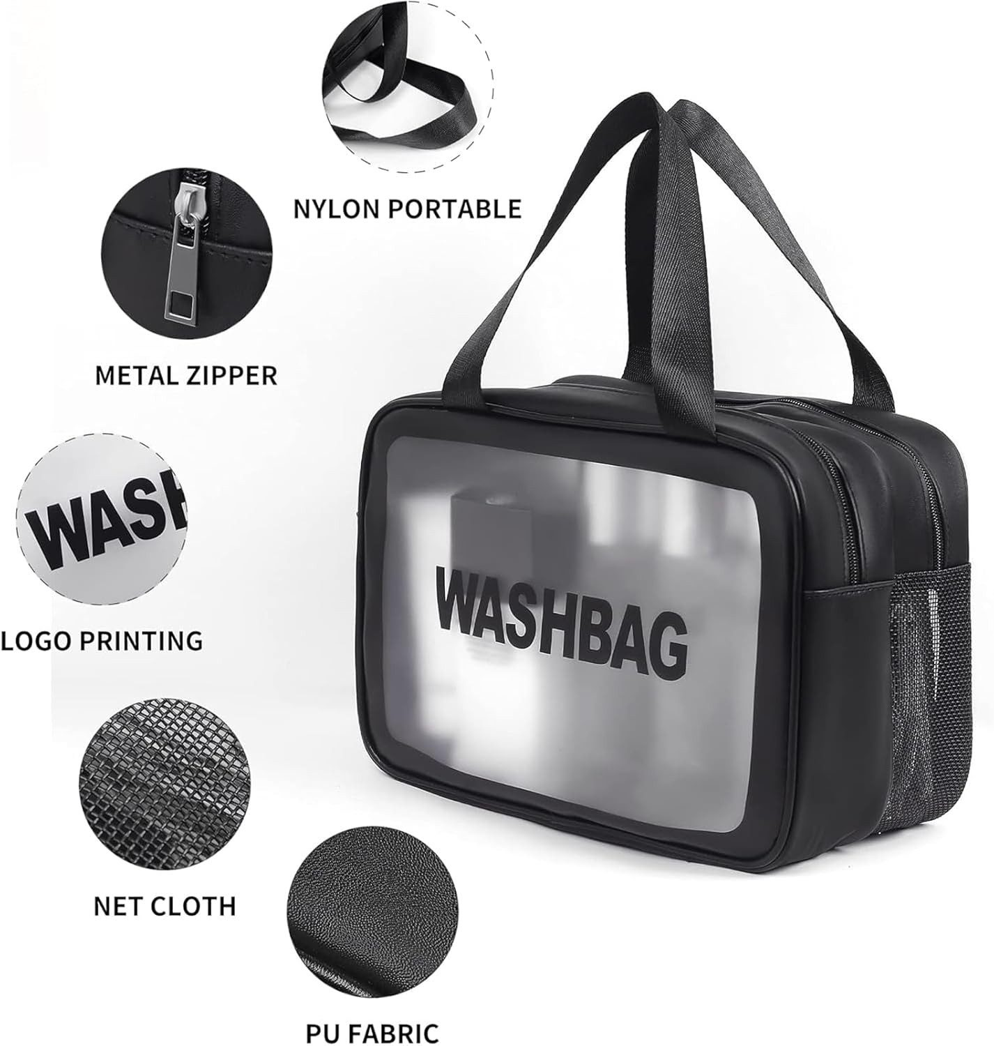 Schwarze Kulturtasche aus PU-Leder und Netzstoff mit Reißverschluss und Griffen.