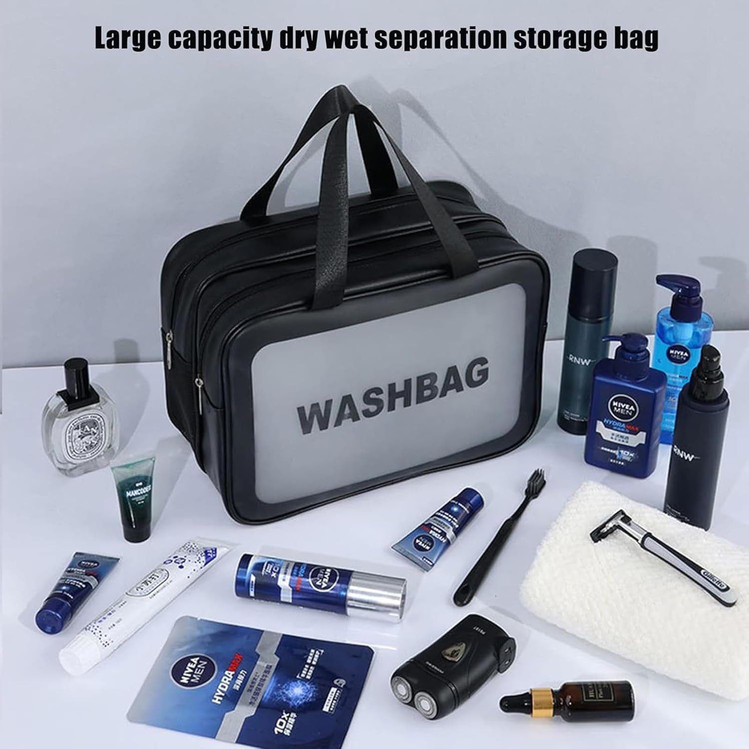Große Tasche für trockene und nasse Trennung mit Toilettenartikeln.