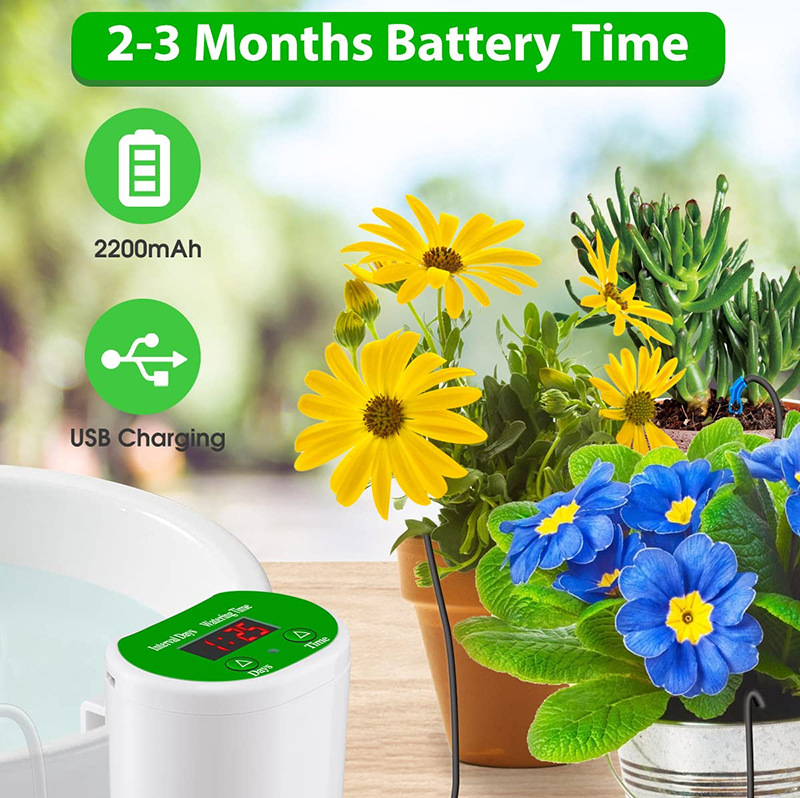 Automatische Pflanzenbewässerung mit 2200mAh Akku und USB-Ladefunktion.