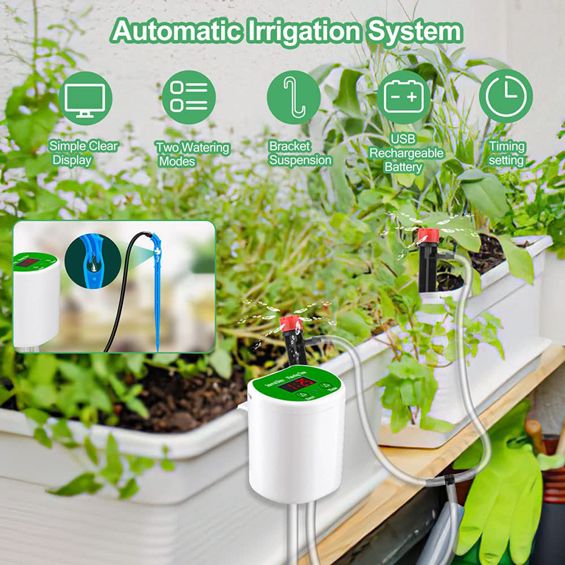 Automatische Bewässerungsanlage mit digitaler Anzeige, Bewässerungsmodi, USB-Akku.