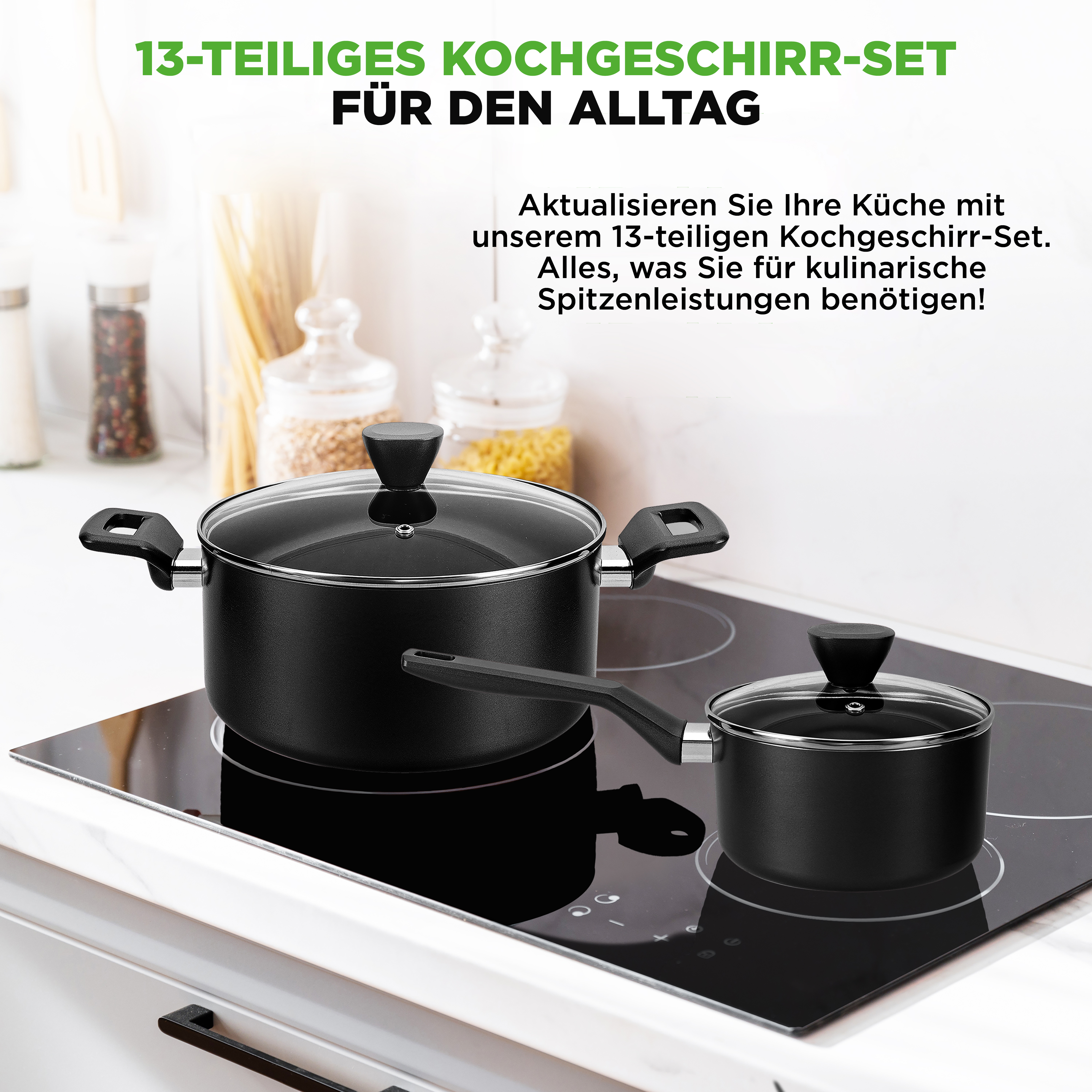 Schwarzes Kochgeschirr-Set auf einem Induktionskochfeld, mit Text.