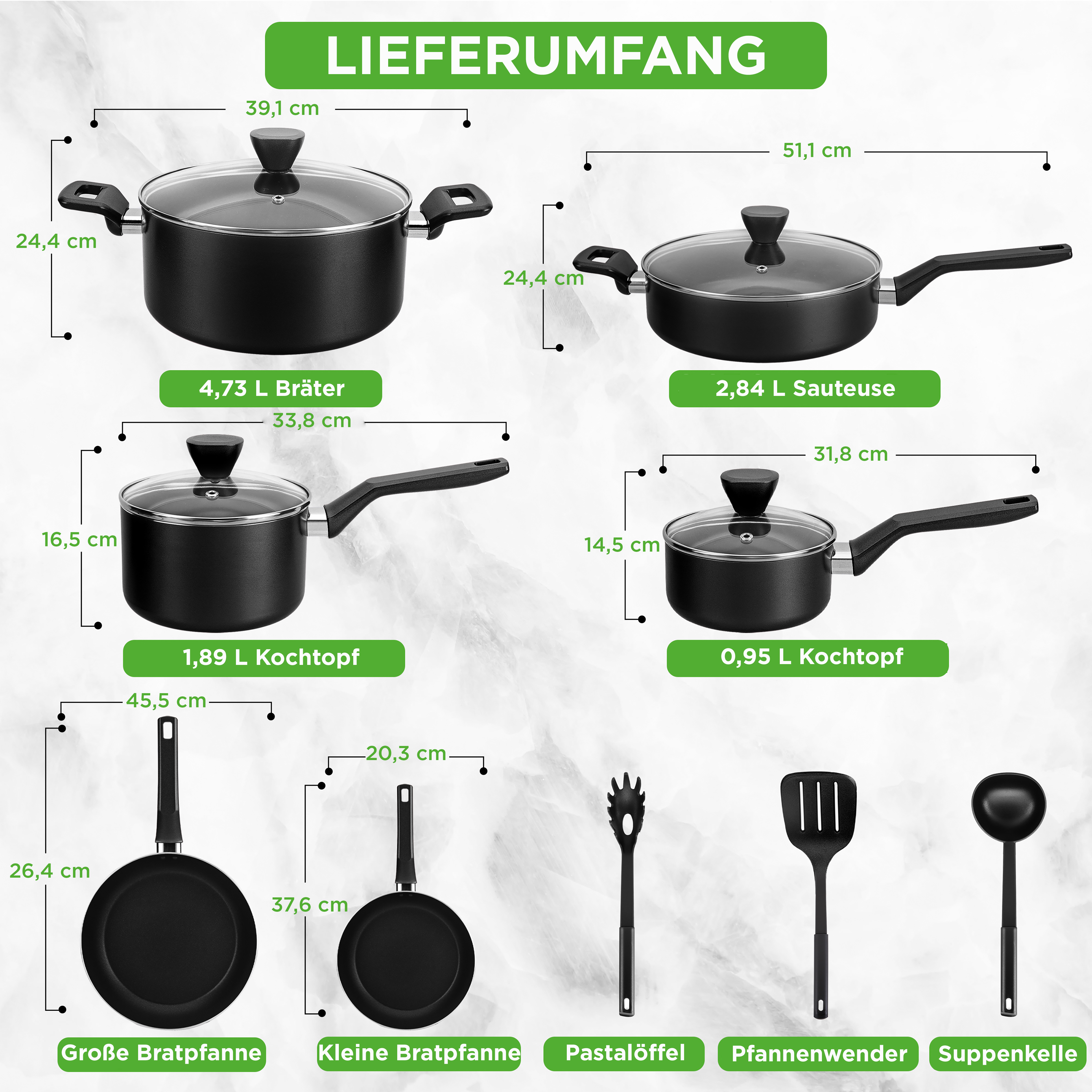 Kochgeschirr-Set mit Töpfen, Pfannen und Kochutensilien.