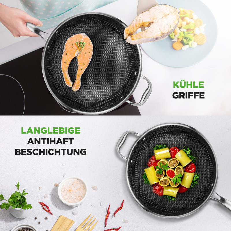 Zwei Ansichten einer Pfanne: Eine mit Lachs, eine mit gefüllten Nudeln.